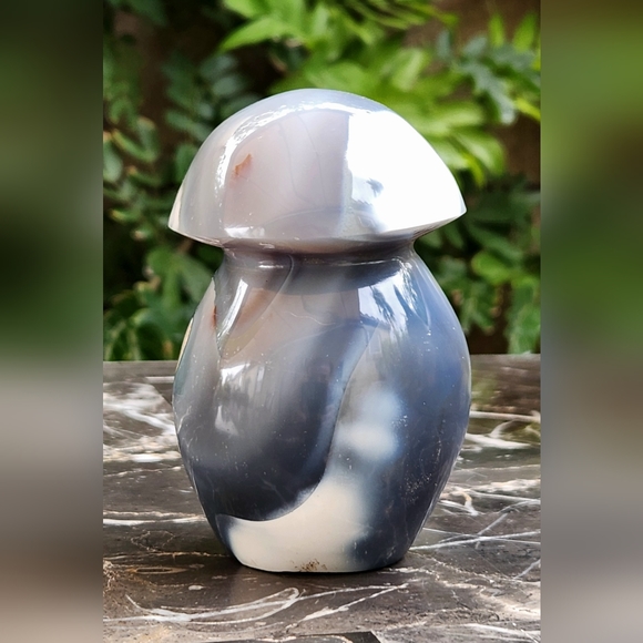 Grey Blue Orca Agate Fat Mushroom Carving- Large - Picture 5 of 16